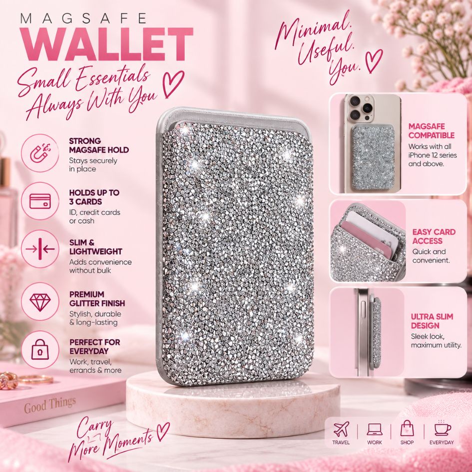 Magnetic MagSafe Sparkly Silver Glitter Wallet