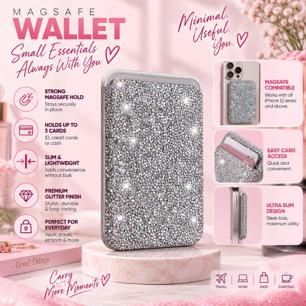 Magnetic MagSafe Sparkly Silver Glitter Wallet