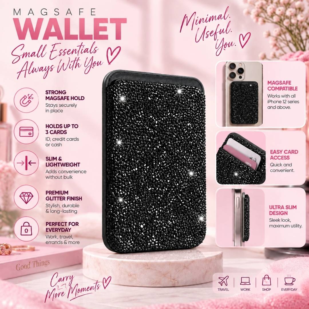 Magnetic MagSafe Sparkly Black Glitter Wallet