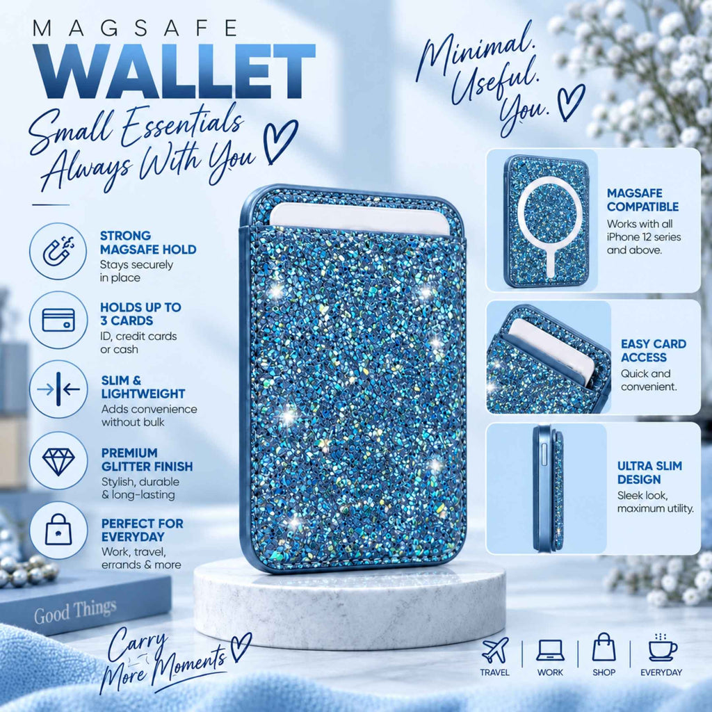 Magnetic MagSafe Sparkly Blue Glitter Wallet